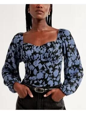 ABERCROMBIE blue black floral long sleeve blouse sz XS